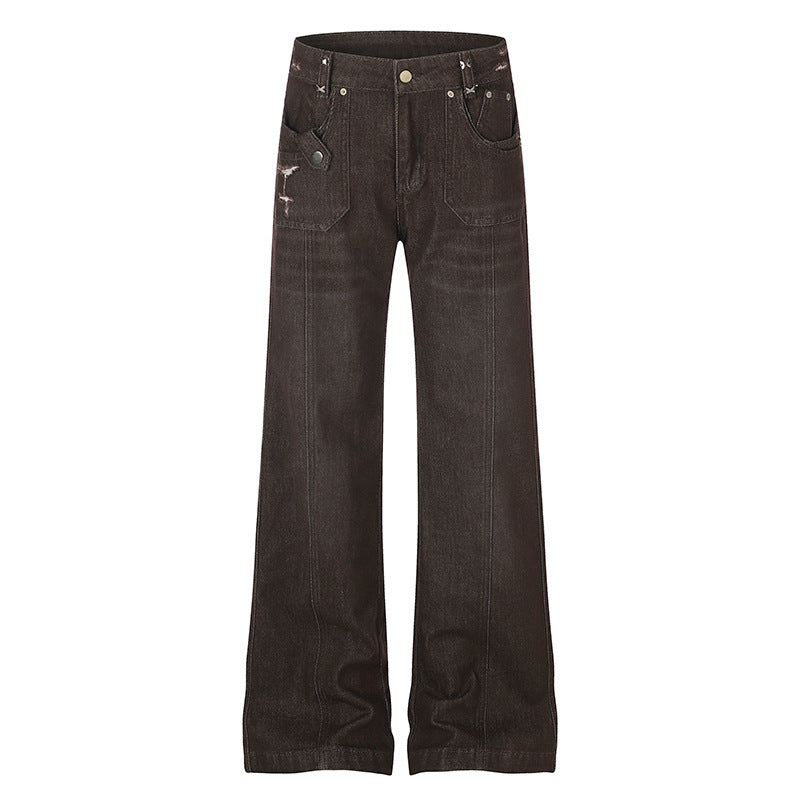 Women's Wide High-Waist Denim Trousers with Straight Leg and Utility Patch Pockets Chichicherry