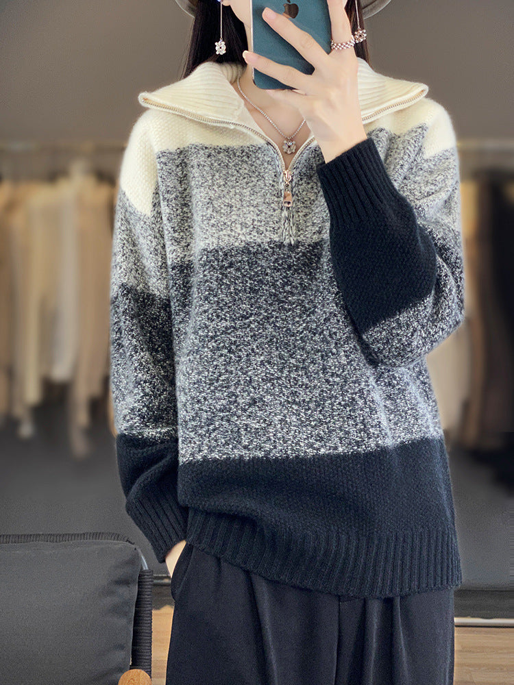 Women’s oversized knit pullover with half zip, heathered block stripes and soft fleece Chichicherry
