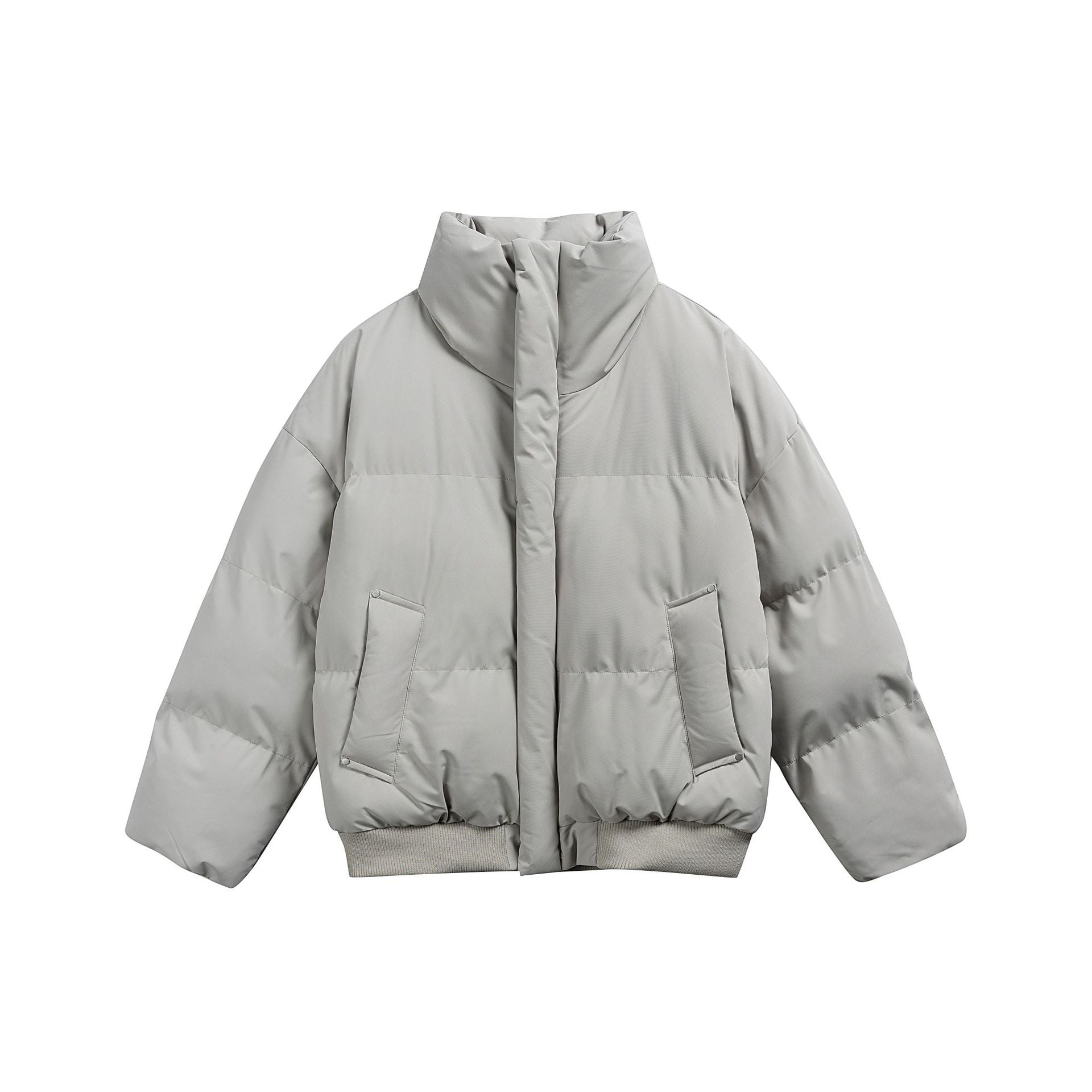 Women's short padded quilted jacket in boxy cut with high stand-up collar and ribbed hem Chichicherry