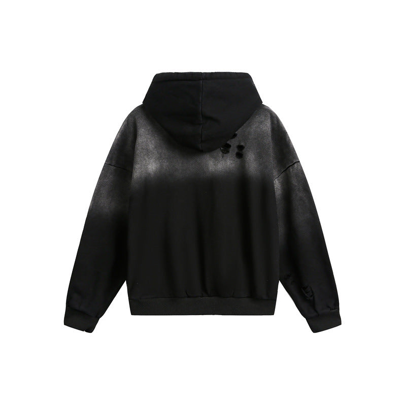 Unisex Oversize Hoodie with Half Zipper, Distressed Details and Kangaroo Pocket Chichicherry
