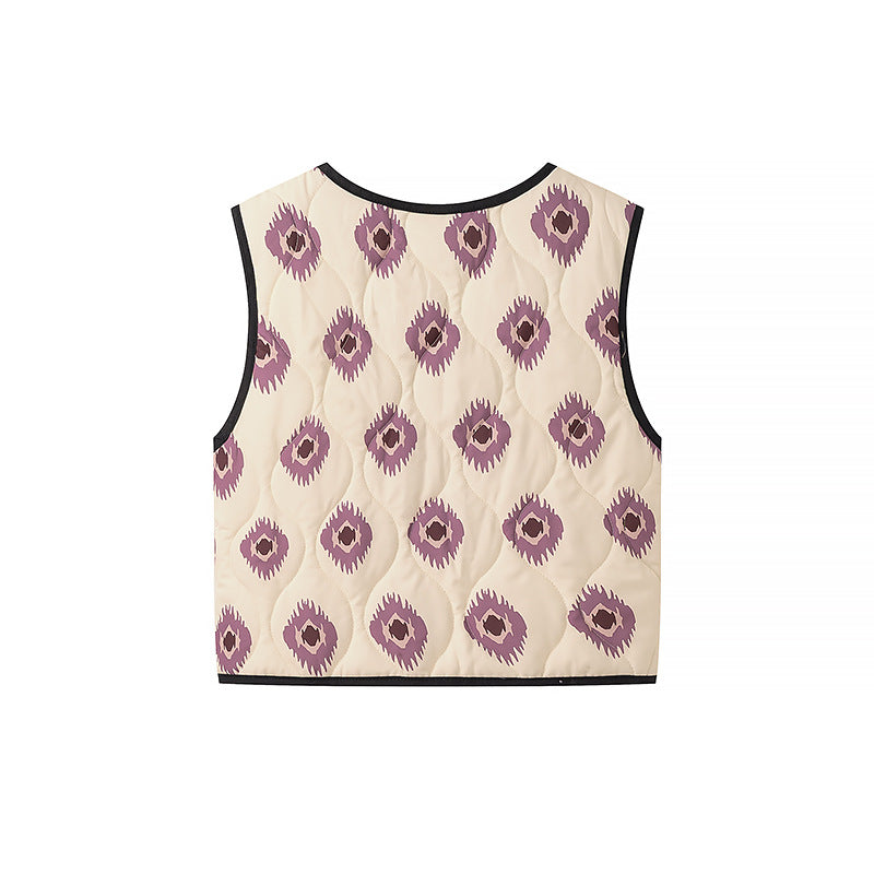 Women's Padded Quilted Short Vest with V-Neck and Tie Chichicherry