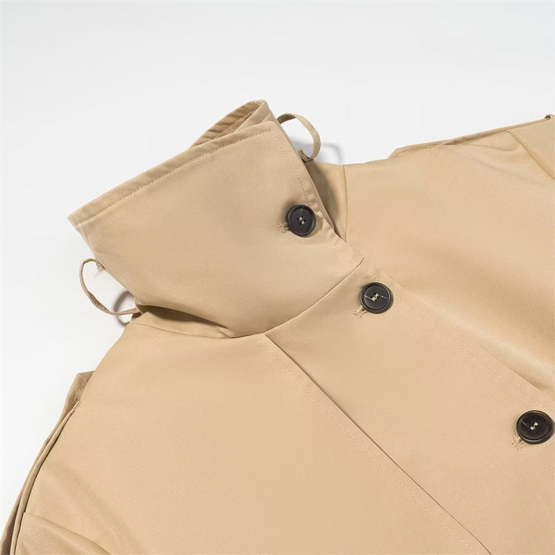 Women's Short Trench Coat with Stand Collar, Waist Belt and Contrast Cuffs Chichicherry