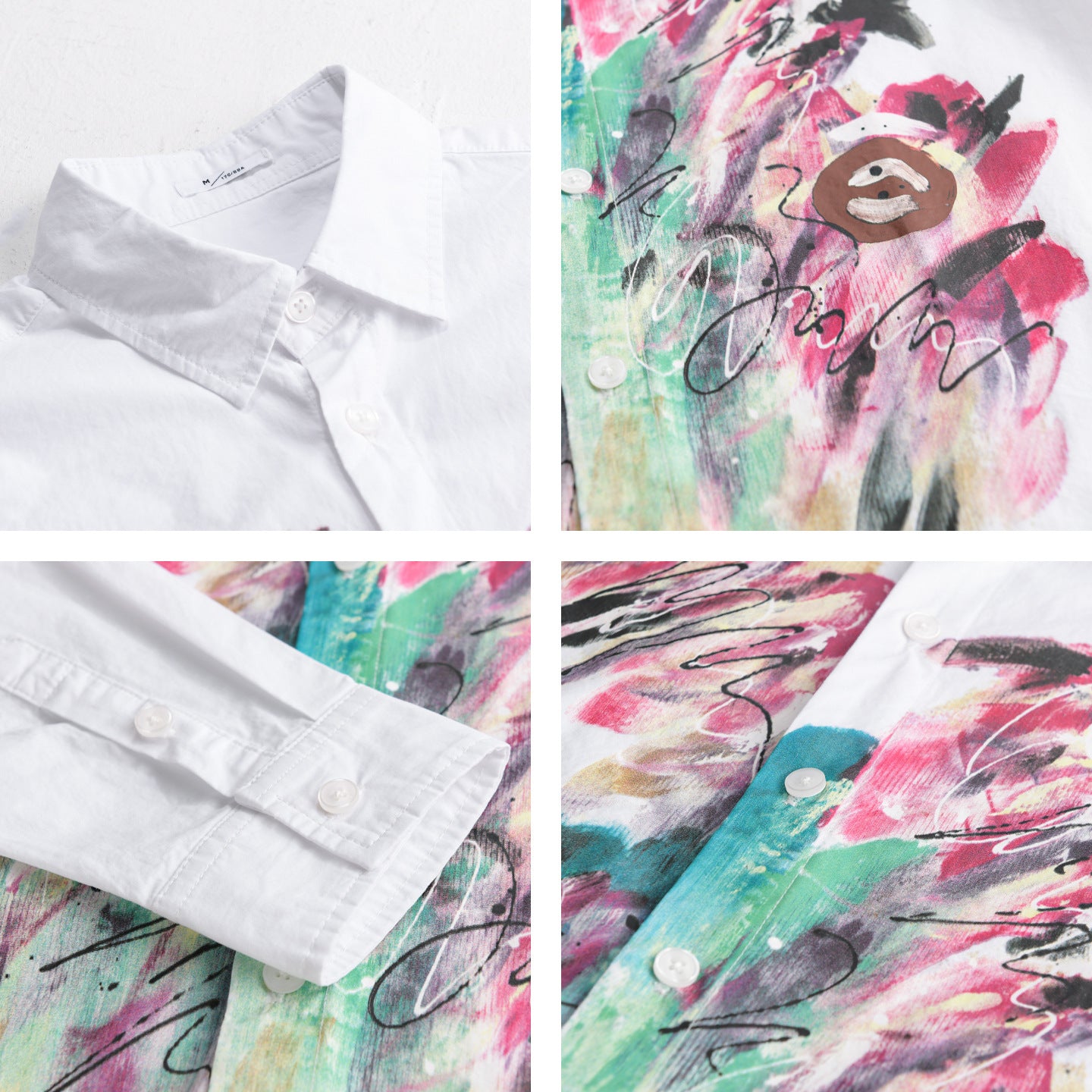 Women's long-sleeve shirt made of cotton poplin with artistic brush print and Kent collar Chichicherry