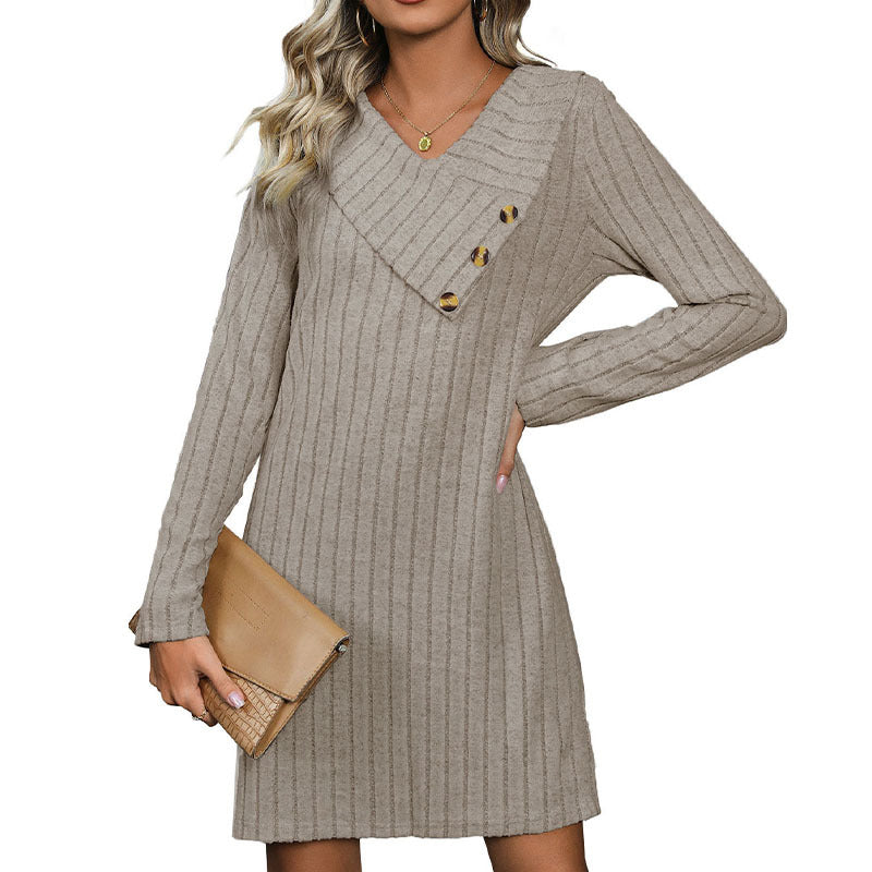 Women's Ribbed Knit Mini Dress with Asymmetrical Collar and Decorative Buttons Chichicherry