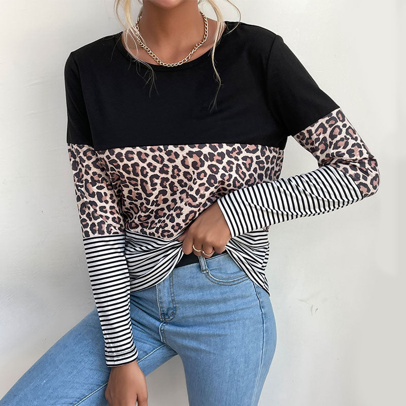 Women's Colorblock Long Sleeve Top with Leopard and Stripe Mix Chichicherry