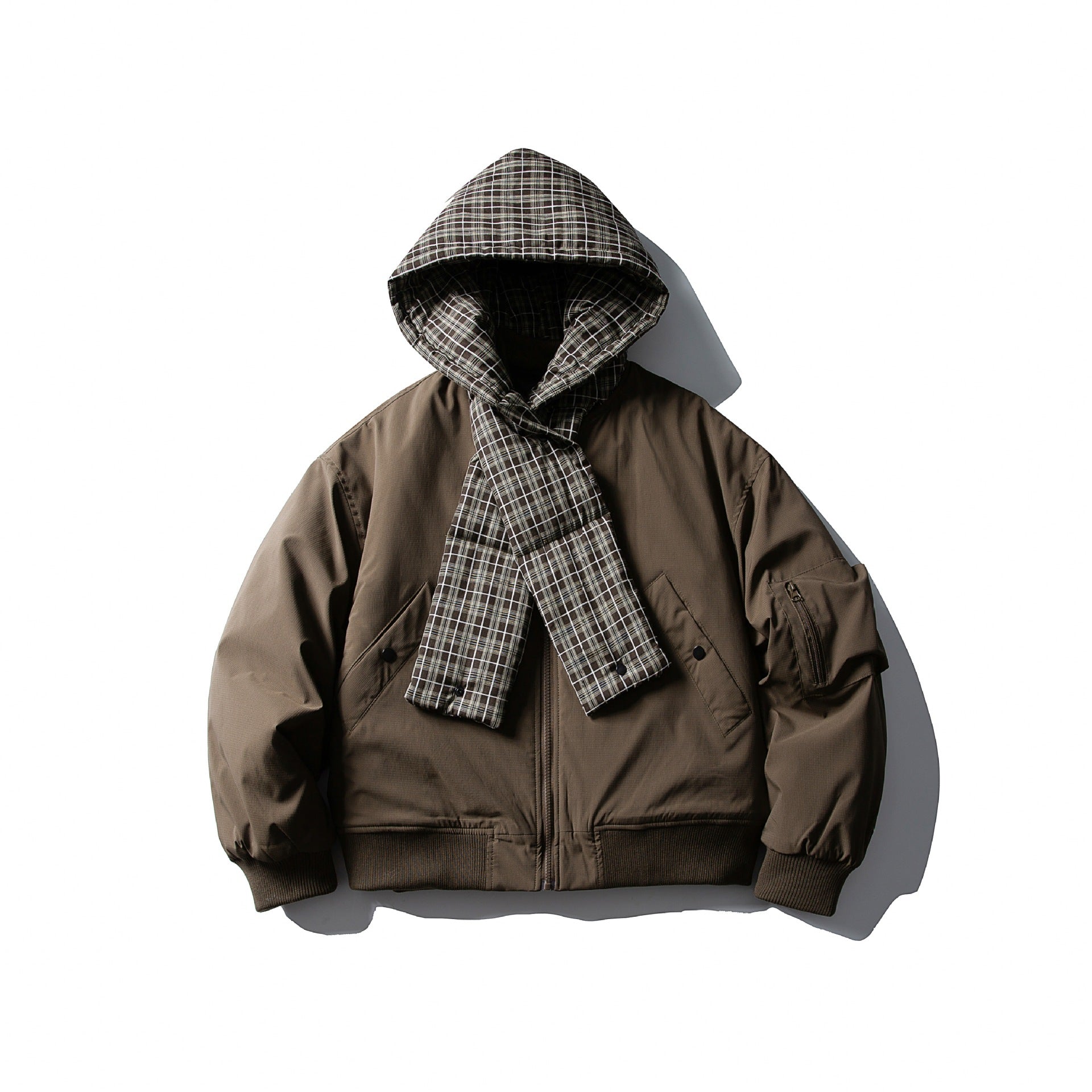 Men's Windproof Bomber Jacket with Quilted Checkered Hood and Integrated Scarf Chichicherry