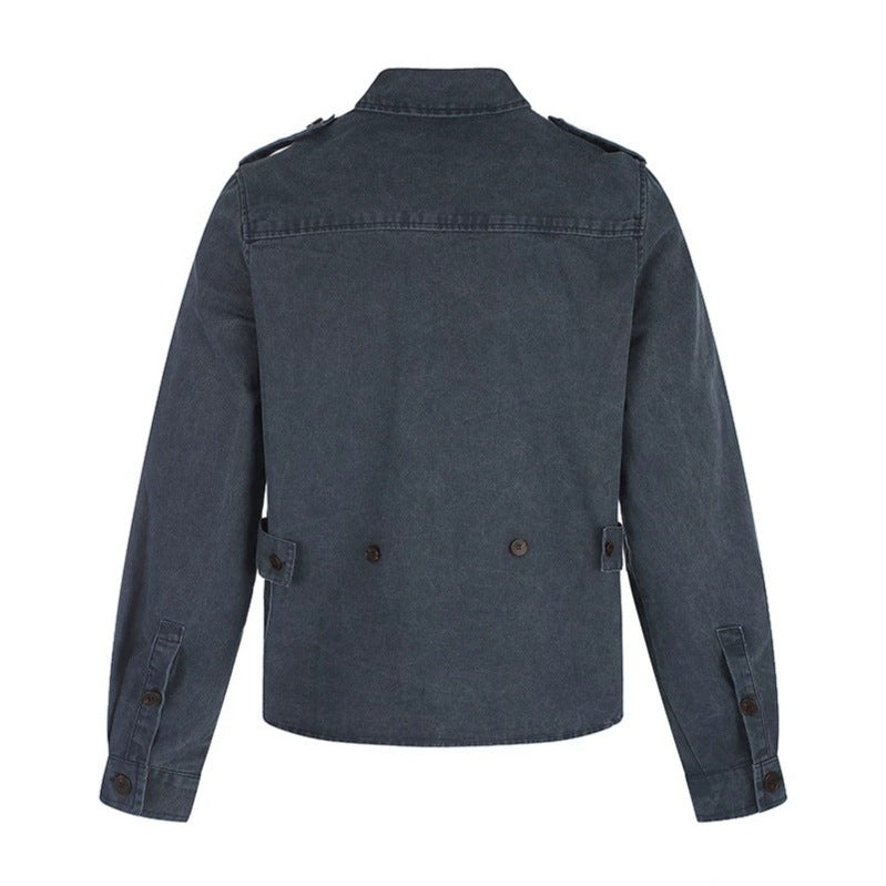 Women's Oversized Utility-Style Denim Shirt Jacket with Shoulder Straps and Patch Chest Pockets Chichicherry