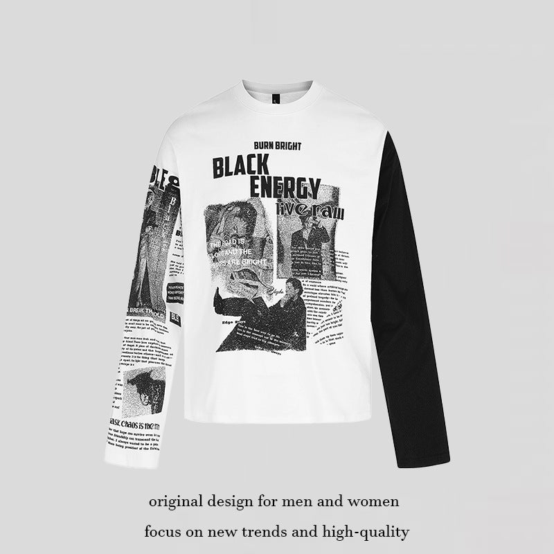 Men's Long Sleeve Shirt with Asymmetrical Contrast Sleeves and Photo Collage Print Chichicherry