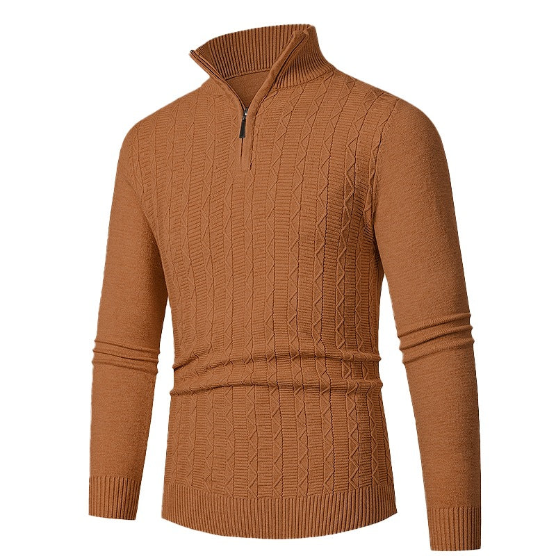 Men's Slim Fit Half-Zip Structured Pullover made of Merino Blend with Cable Knit Pattern and Stand-Up Collar Chichicherry