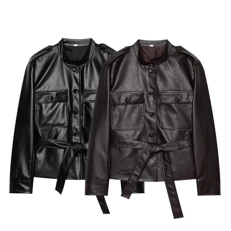 Women's Tailored Faux Leather Safari Jacket with Tie Belt and Flap Pockets Chichicherry