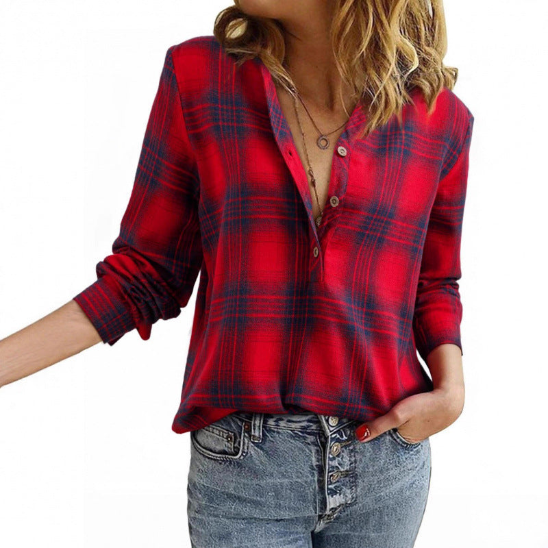 Women’s check blouse in oversized look with V-neck, button placket, and rounded hem Chichicherry