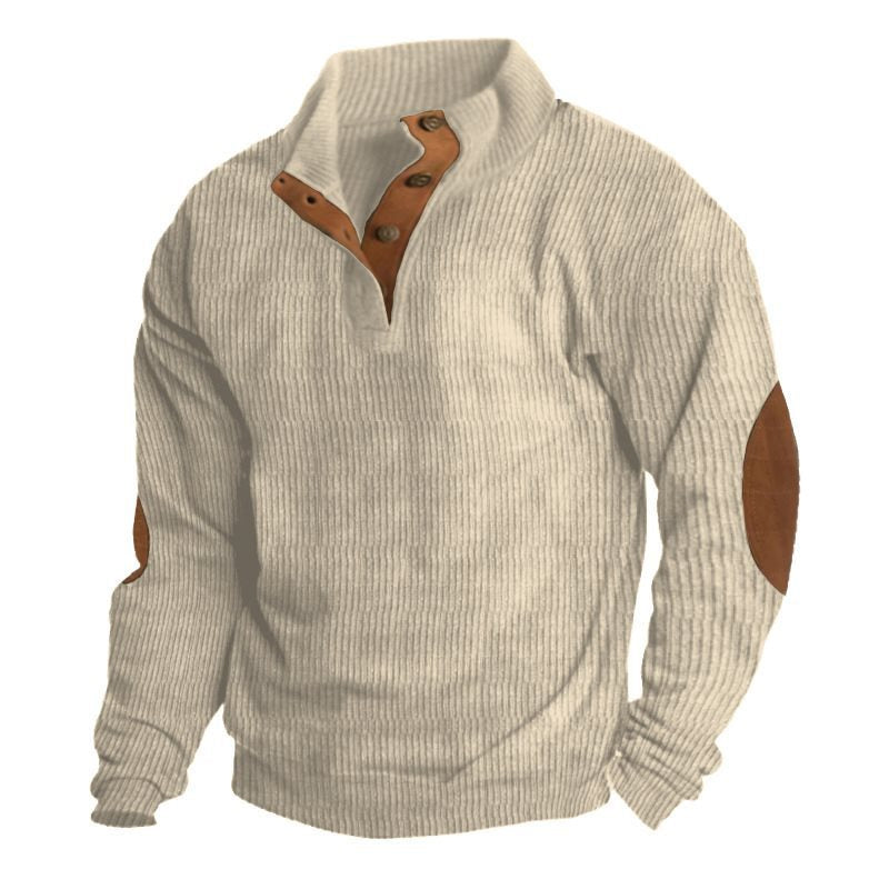 Men's Structured Sweater with Henley Button Placket, Elbow Patches and Two-Tone Block Chichicherry