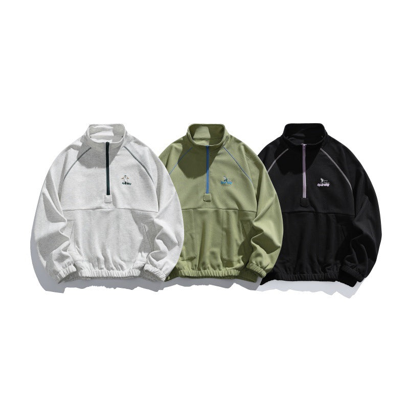 Unisex Oversize-Halfzip-Fleece Pullover with Stand-up Collar, Raglan Sleeves and Kangaroo Pocket Chichicherry