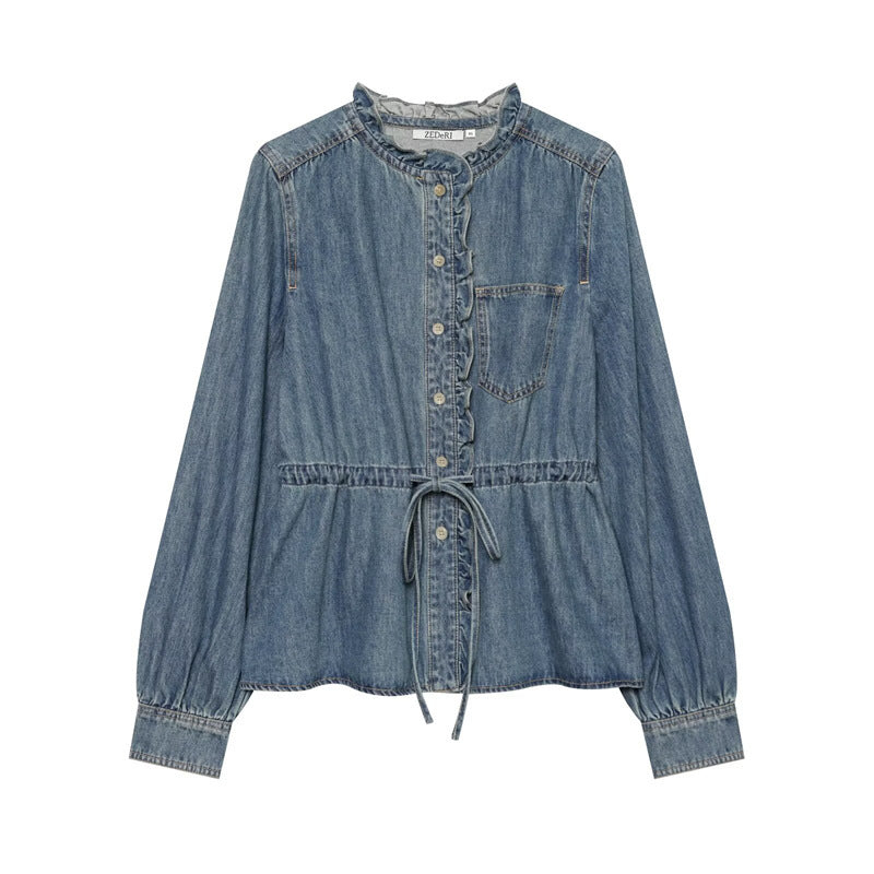 Women's tailored blouse jacket in denim look with ruffle collar and drawstring Chichicherry