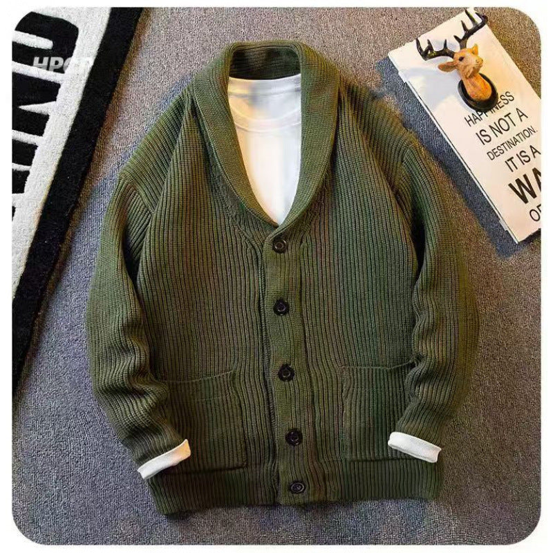 Herren Schalkragen-Cardigan aus grobem Rippstrick mit Taschen & Knopfleiste Chichicherry