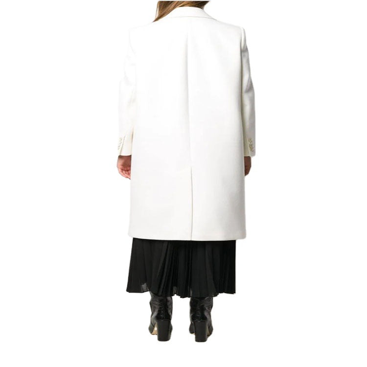 Women Slim Double-Breasted Wool Blend Long Coat with Shawl Collar, Gold Button Detail and Flap Pockets Chichicherry