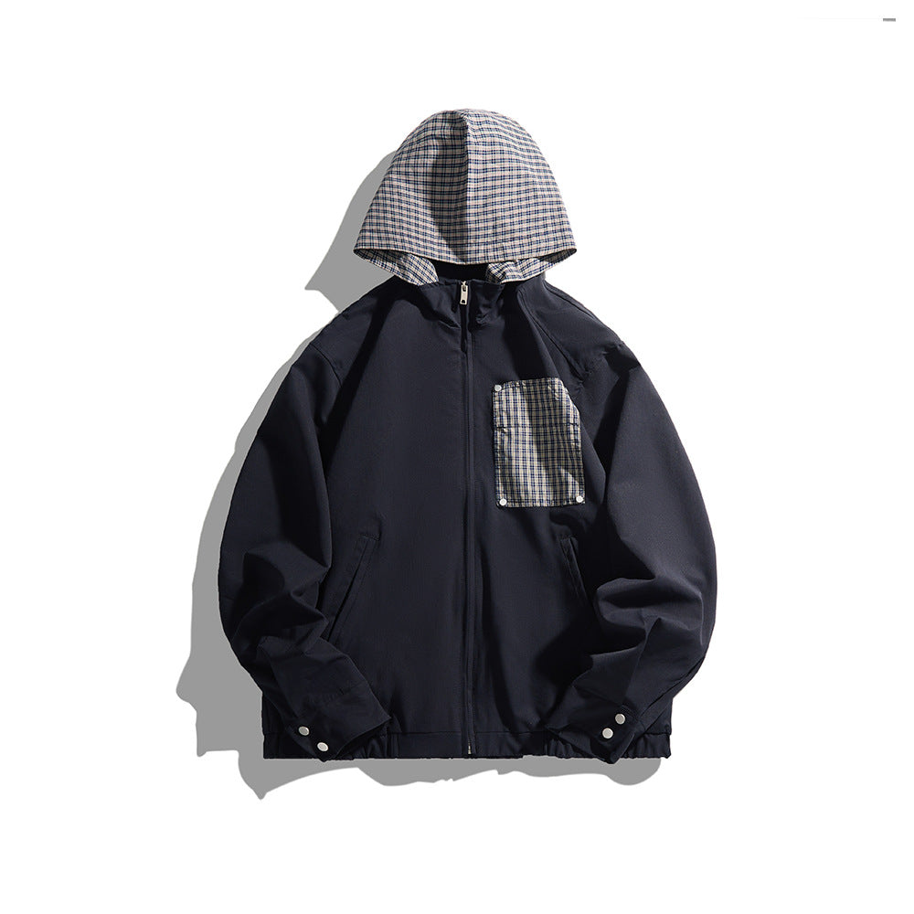Unisex Light Hooded Transition Jacket with Check Patch Chest Pocket and Elastic Hem Chichicherry