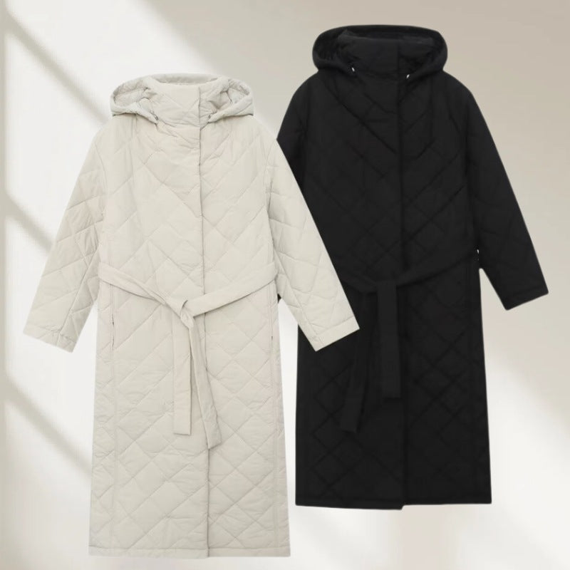 Ladies quilted coat with hood, belt and diamond quilting Chichicherry