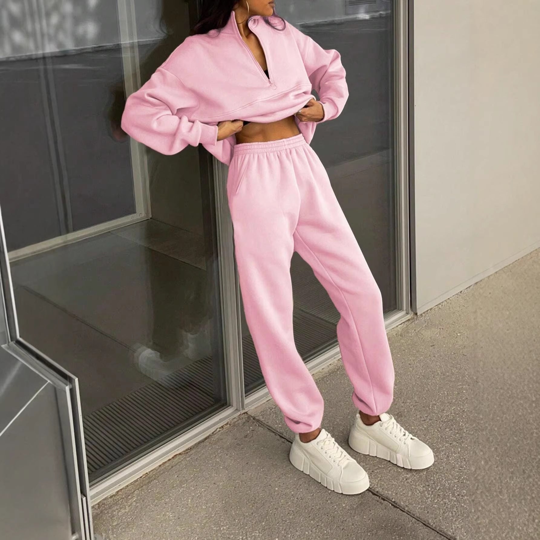 Women's Comfort Sweat Set with Half-Zip Stand-Up Collar and Relax Jogger Chichicherry