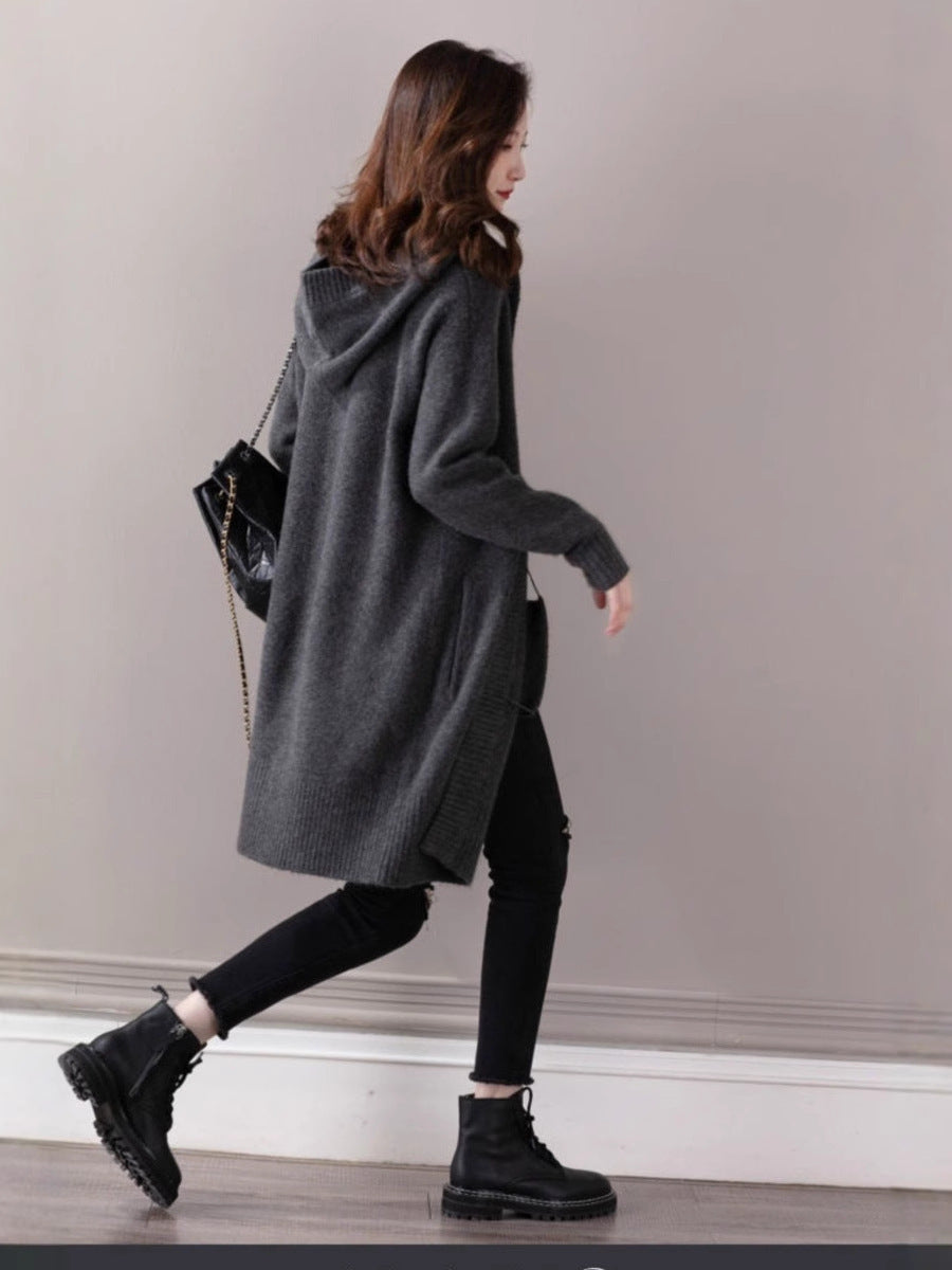 Women's Oversized Hooded Cardigan in Cashmere Look with Open Fall and Wide Rib Chichicherry
