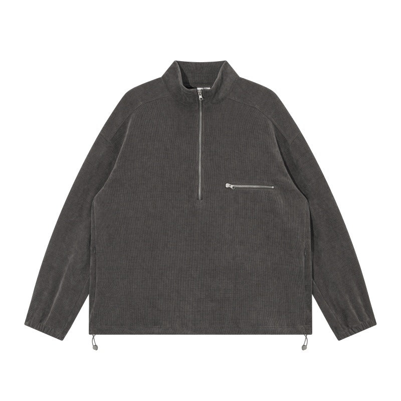Unisex Oversize Half-zip Pullover made of cord mix with chest zip pocket and drawstring hem Chichicherry