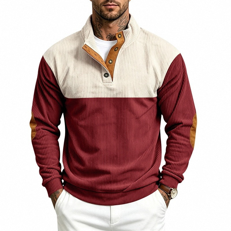 Men's Structured Ribbed Henley Half-Zip with Stand Collar and Elbow Patches Chichicherry