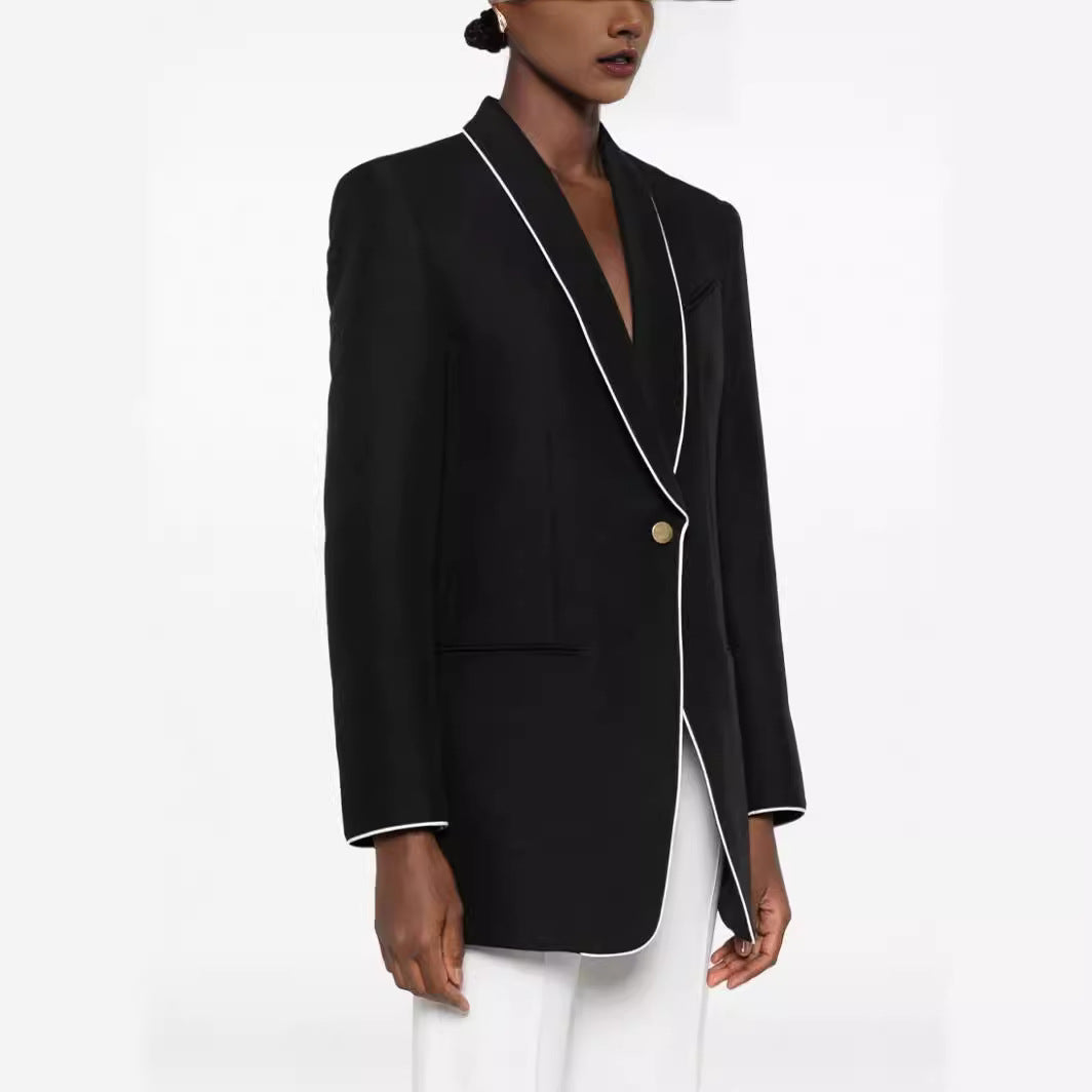 Women Oversize Blazer in Tuxedo Style with Contrasting Piping and Single Button Front Chichicherry
