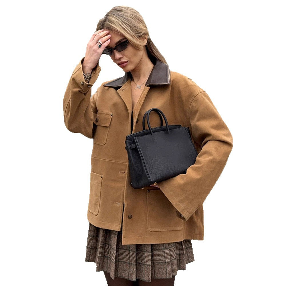 Women's Boxy Short Jacket in Suede Look with Contrast Collar & Patch Pockets Chichicherry