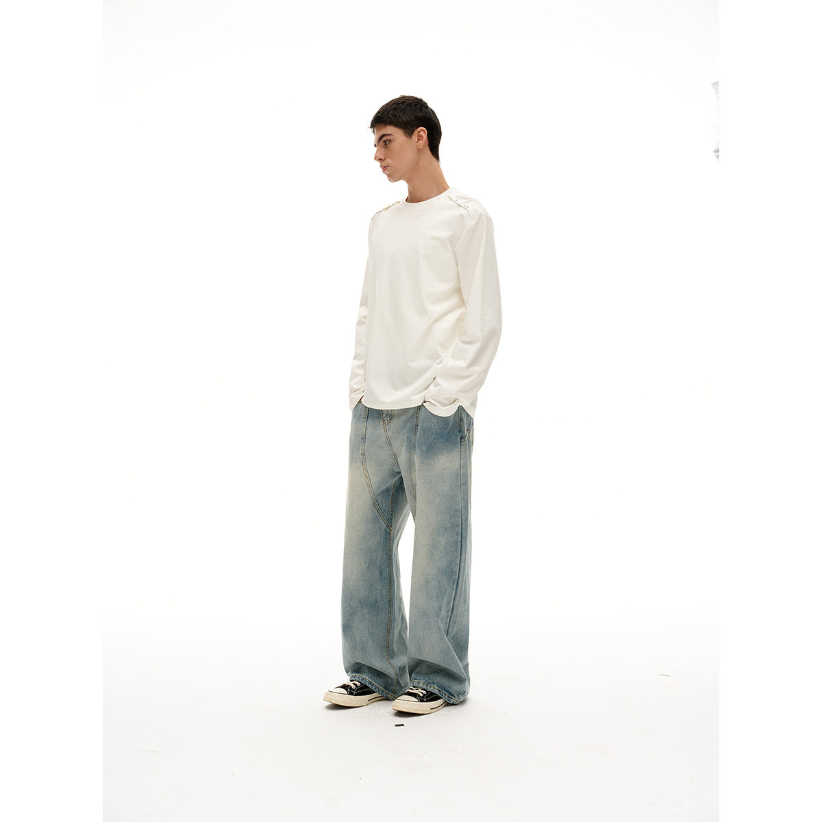 Unisex Long Sleeve Oversized T-Shirt with Crew Neck and Decorative Shoulder Detail Chichicherry