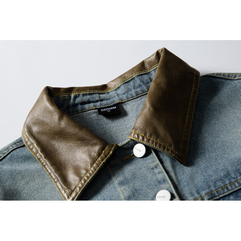 Unisex Boxy Denim Jacket with Leather Collar, Snap Button Placket and Flap Pockets Chichicherry