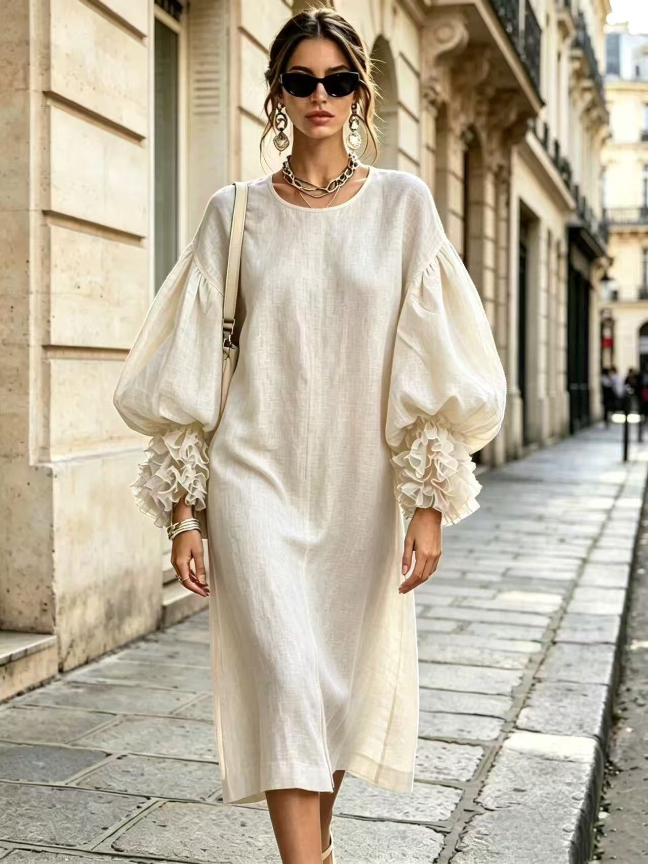Women's midi dress in linen look with voluminous balloon sleeves and ruffled cuffs Chichicherry