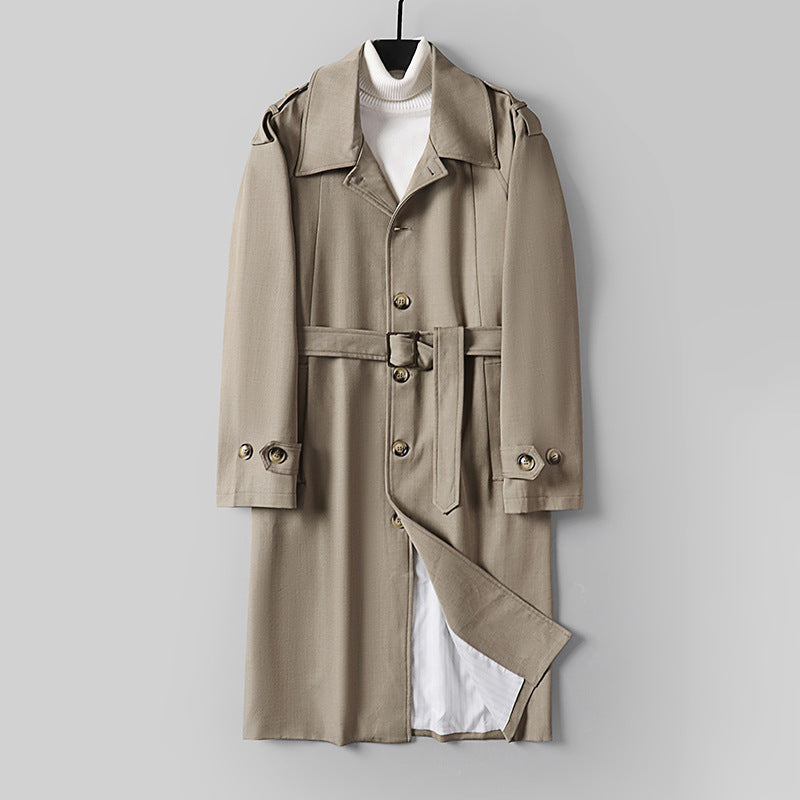 Men's Simple Twill Trench Coat with Adjustable Waist Belt and Shoulder Patches Chichicherry
