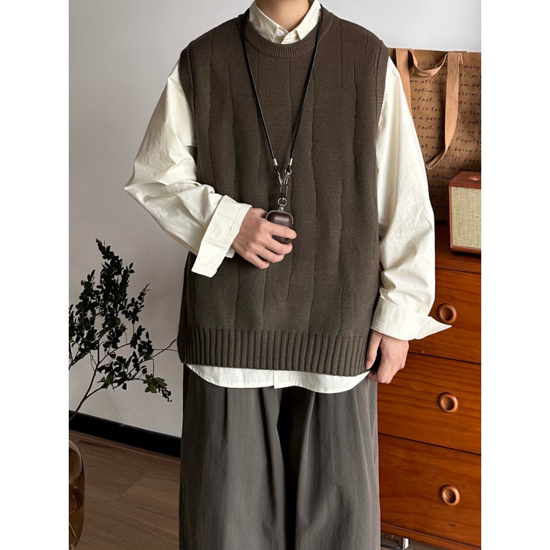 Herren Oversized Ärmellose Strickweste mit geripptem Saum und Rundhalsausschnitt Chichicherry