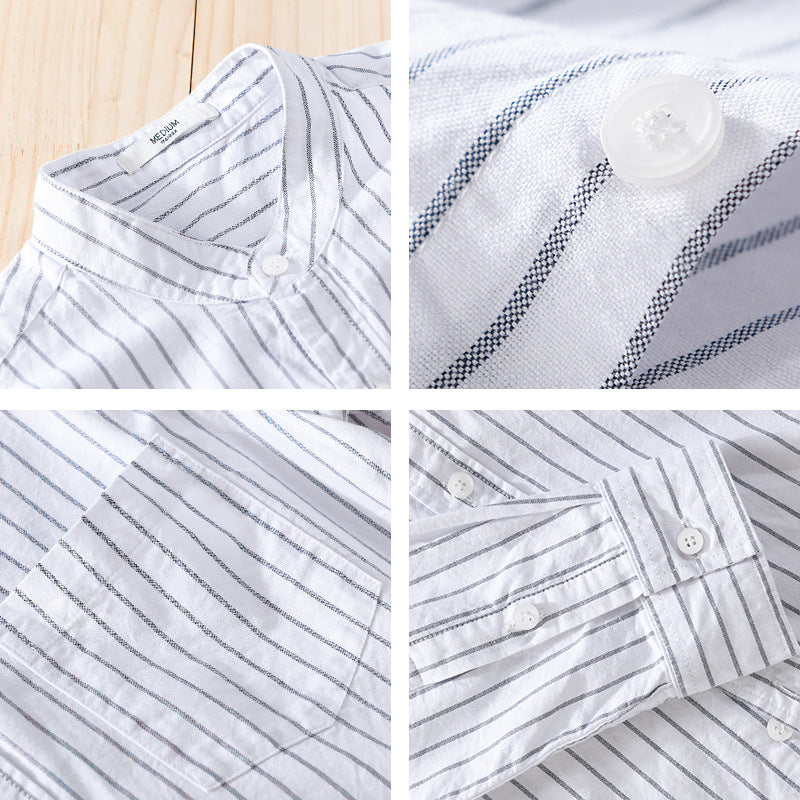 Men's Lightweight Stand Collar Long Sleeve Shirt made of Cotton Blend with Fine Pinstripe and Chest Pocket Chichicherry