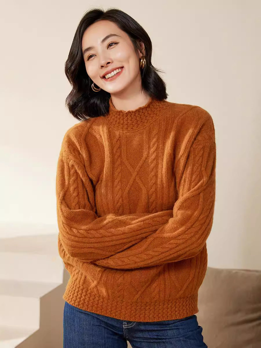 Women's cable knit mock neck sweater with short boxy silhouette Chichicherry