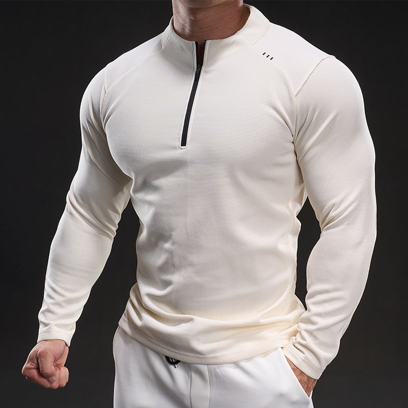 Men's Slim-Fit Sporty Long Sleeve Training Shirt with Half-Zip and Textured Fabric Chichicherry
