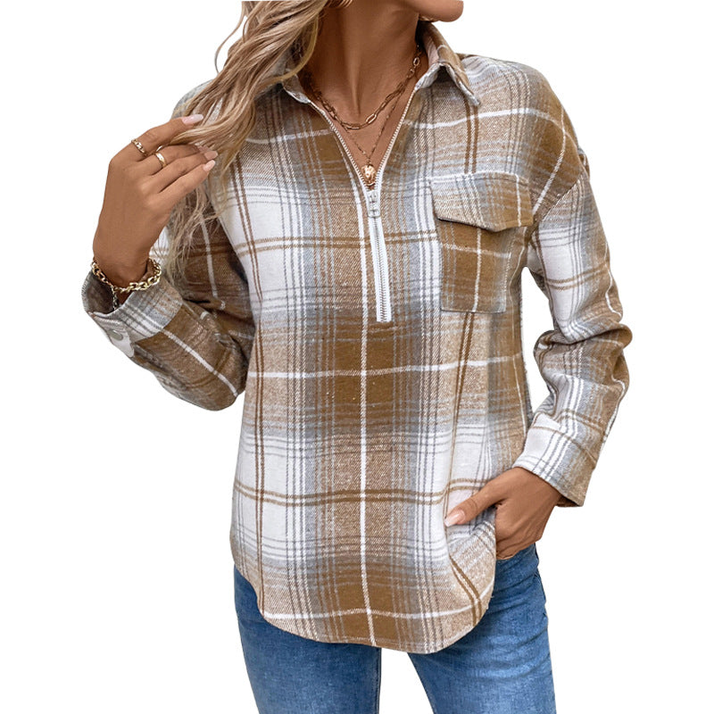 Women's Checked Half-Zip Shirt with Chest Pocket and Casual Oversized Fit Chichicherry