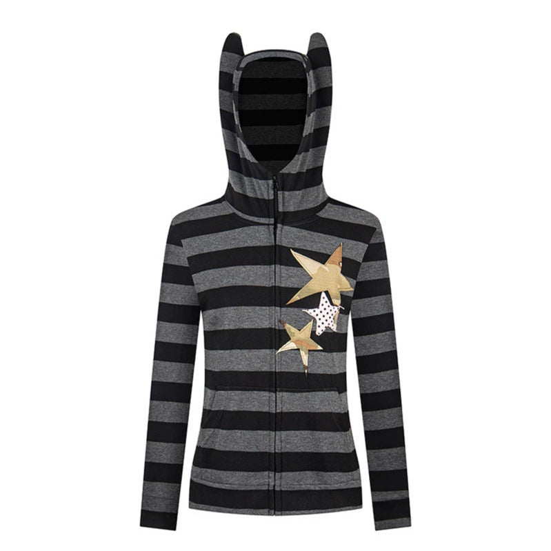 Women's hooded jacket with ears, striped zip cardigan and star appliqués Chichicherry