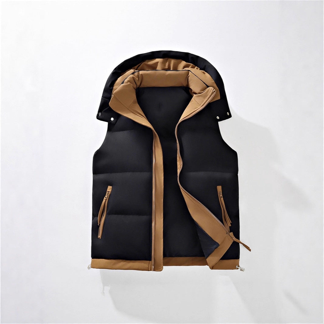 Men's Padded Quilted Vest with Detachable Hood, Contrast Piping and Drawstring Chichicherry