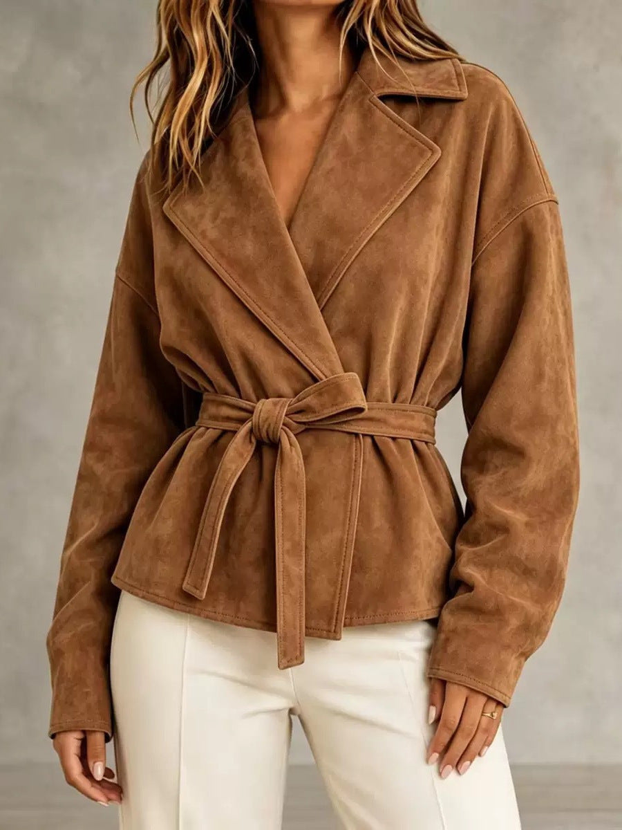 Women's Suede Blazer with Wrap Belt and Oversized Sleeves Chichicherry