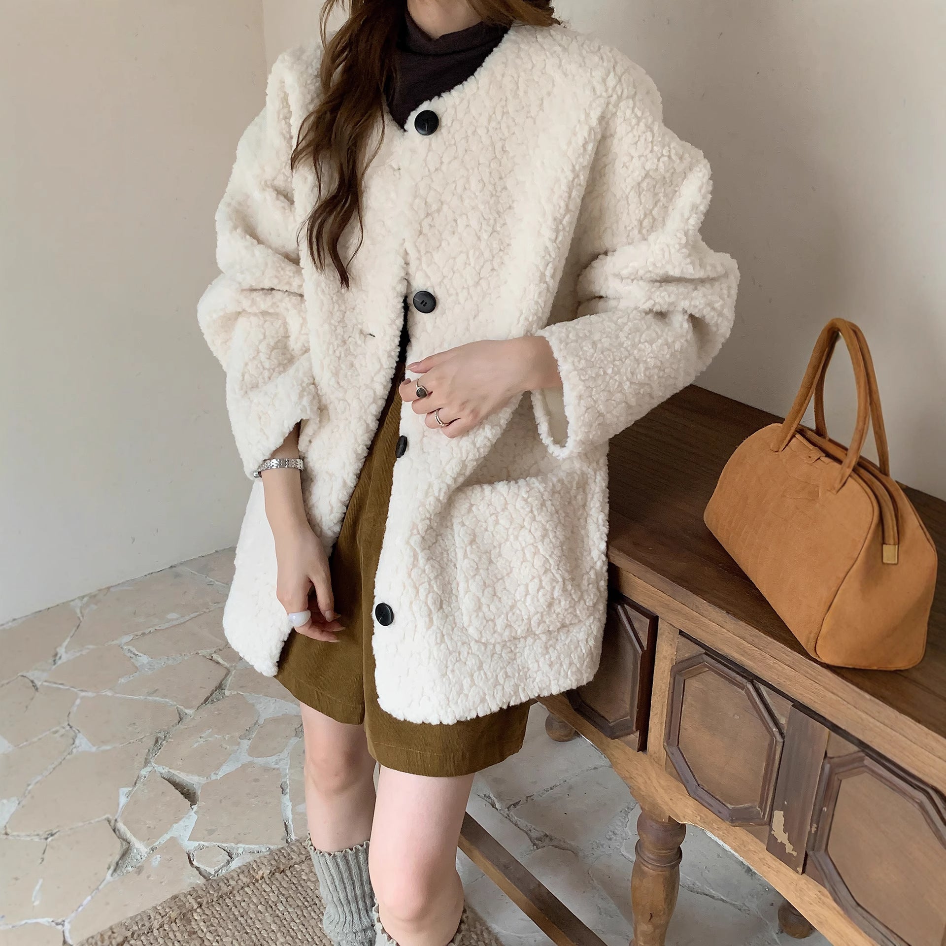 Ladies Oversized Teddy Coat with Round Neck, Large Button Placket and Patch Pockets Chichicherry