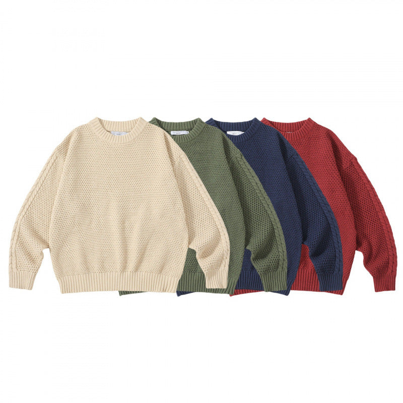 Unisex Oversize Chunky Knit Sweater with Cable Sleeves and Round Neckline Chichicherry