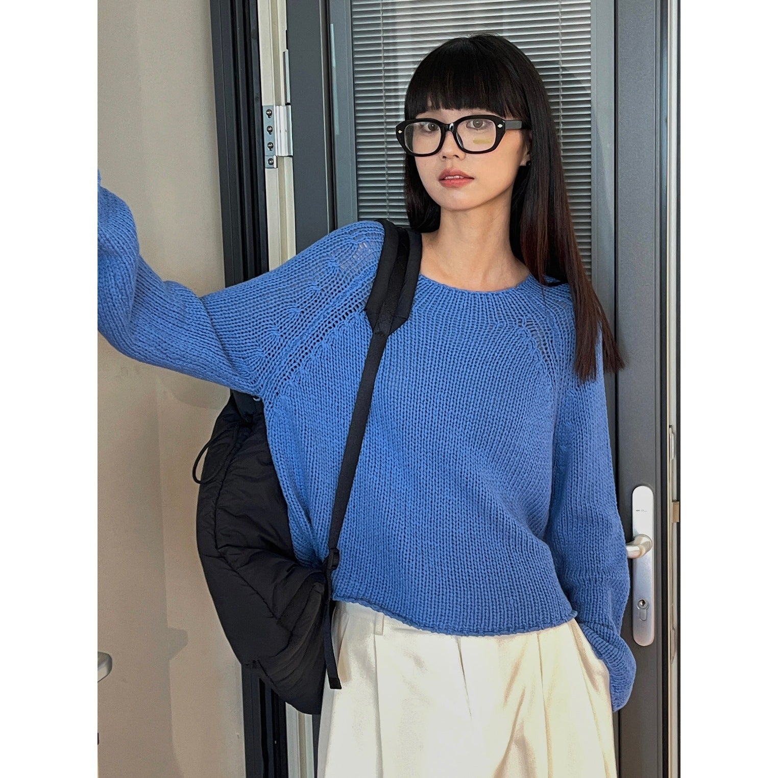 Women's Loose Chunky Knit Sweater with Wide Round Neckline and Bell Sleeves Chichicherry