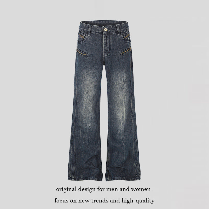 Women's Wide Denim Palazzo Jeans with High Waist and Decorative Zipper Pockets Chichicherry