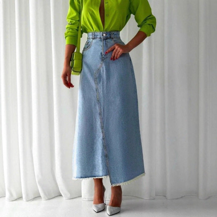 Ladies High-Waisted Maxi Denim Skirt with Asymmetrical Front Seam and Frayed Hem Chichicherry