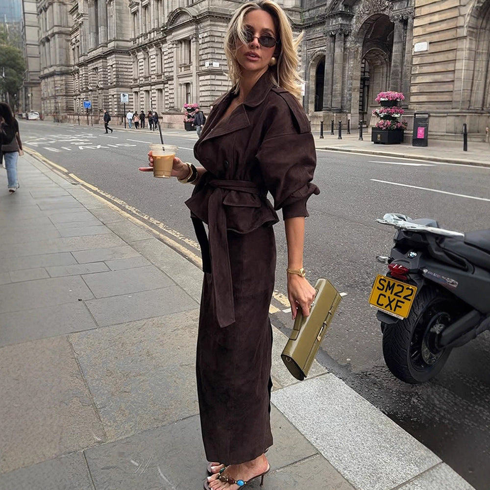 Women Velvet-Suede Trench Coat with Waist Belt and Peplum Silhouette Chichicherry