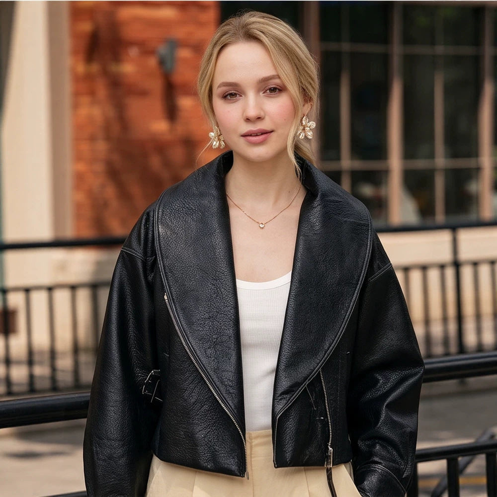 Women's Cropped Biker Jacket made of Faux Leather with Wide Shawl Collar and Asymmetrical Zipper Chichicherry