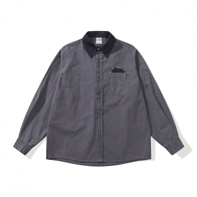 Men's Oversized Shirt Jacket with Cord Collar, Chest Pocket and Stud Detail Chichicherry