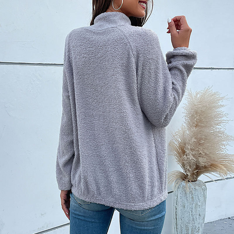 Women's Cozy Teddy Fleece Sweater with Quilted Chest Panel, Stand Collar and Snap Button Placket Chichicherry