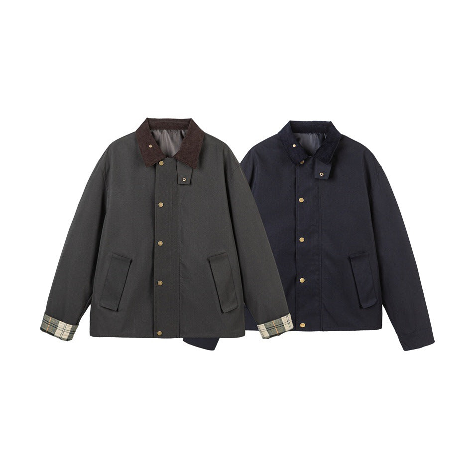 Men's Short-Cut Canvas Field Jacket with Cord Collar and Concealed Snap Placket Chichicherry